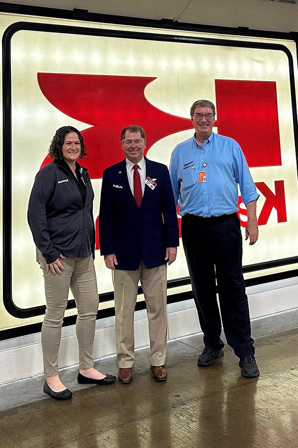 Pictured left to right are Tim Melvin, manager of human resources at Kawasaki; Northwest President Dr. Lance Tatum and Brittney Langston, assistant manager of human resources at Kawasaki, as Tatum toured the Maryville manufacturing facility this spring. (Submitted photo)